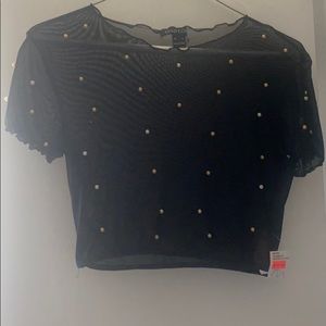 Mesh see-through shirt with pearl